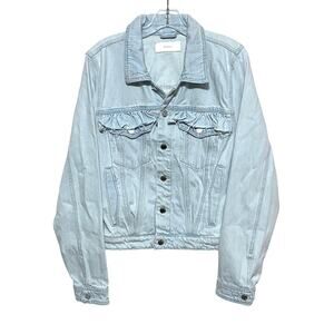 Blank NYC Sign Your Name Light Wash Ruffle Trim Denim Jean Jacket XL Feminine